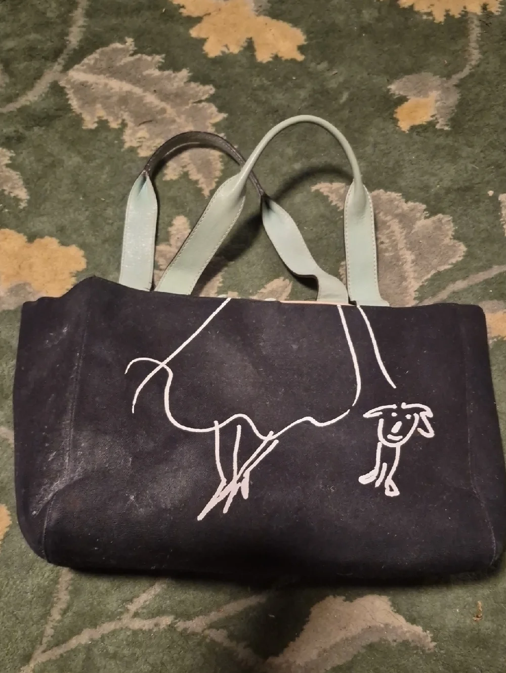 kate spade Black Canvas Tote with Mint Handles and White Sketch
